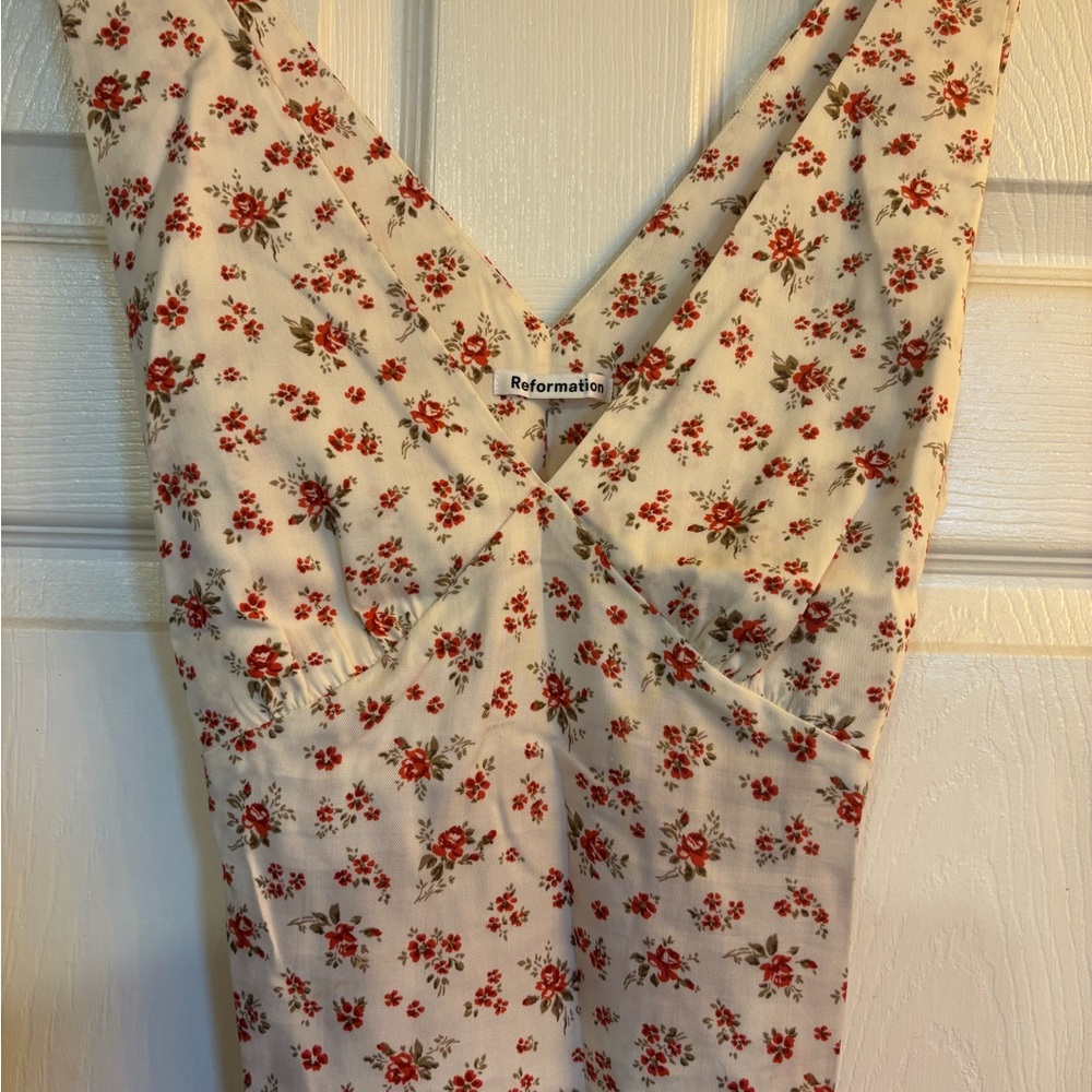 Reformation Cream Dress with Red Floral Print
